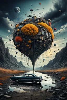 A surrealistic image of the irony of life, where funny and sad things are mixed together in an abstract way. The image is the best ever art creation, with 8k resolution and realistic details. It shows a contrast between the bright and dark sides of life, and how they are both essential and inevitable.