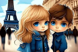 cute brown haired brown eyed mexican chibi boy and a blonde blue eyed chibi girl in love in Paris