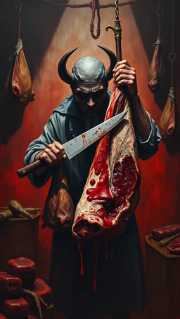 Bosch style painting , A shadow of a spirit inside a bloody butcher holding a big knife cutting a meat of hanging cow meat with details on red bloody background of a meat store