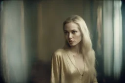 Blond Angelina Jolie, without a face, , hippie girl, gold body in a liminal empty room, old autochrome