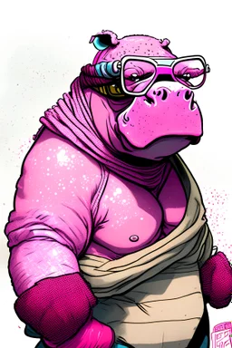 A pink hippo that is a ufc fighter, wearing a scarf, goggles, comic book