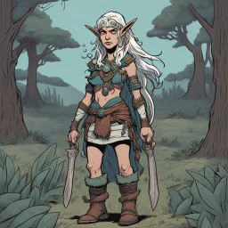 [mexican comics Head Lopper style by Andrew MacLean] Barbaraa female elf druid of 35 years old. she spent her life learning the ways of nature and the power it contains. she worked in the fields with her boots.