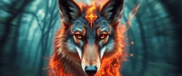background as motion blurred forest twisted like a zoomed tunnel, blink wolf close up portrait of a plasma racoon fox horse king lama shape shifter flickers like hypnotic fire in geometric shapes like a dna swirl of time and a fearsome planeswalker covered in powerful runes