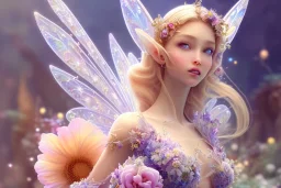 one very little beautiful fairy on a big crystal subtle flower in a galactic ambiance, transparent petals, delicate colors, in the foreground, full of details, smooth, bright sunshine，soft light atmosphere, light effect，vaporwave colorful, concept art, smooth, extremely sharp detail, finely tuned detail, ultra high definition, 8 k, unreal engine 5, ultra sharp focus