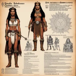 character concept sheet with AD&D statistics and characteristics, [photo from the TV series Sandokan (1976)] Frida Kahlo character as a barbarian queen
