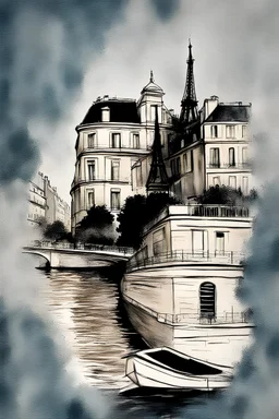 Paris landscape abstract Seine drawing type pencil and painting