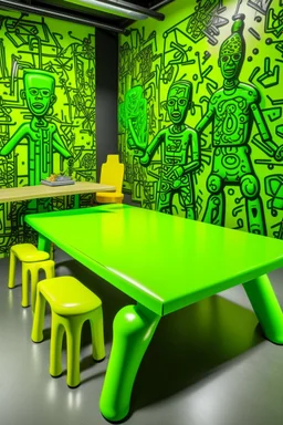 A lime green cybernetic workshop painted by Keith Haring
