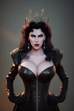 Amy Dumas as evil queen in black leather gown, evil, busty, cleavage, curvy, angry, stern look. character design by cory loftis, fenghua zhong, ryohei hase, ismail inceoglu and ruan jia. unreal engine 5, artistic lighting, highly detailed, photorealistic, fantasy