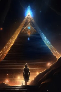 a dice standing on its vertice, glitter in the air, portrait of Nyarlathotep from Cthulhu mythos walking down stairs, stars shining, Egyptians with the hair standing straight up in front of pyramid of Babel. 4 k, down light, depth of field, trending art, spray paint, high detail, fantasy art, alien connection, future tech, boxes