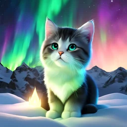 3D , cute cat, Northern lights