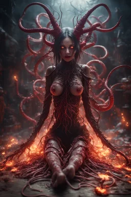 Demon girl wizard, feet point view, fullbody, creepy, horrifying, sinister, many worms parasite creature connected to the head, sparks around her, intricate, 8k, macro photography,