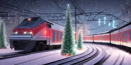 train passing downtown big city in christmas night, snow flakes, many three, Christmas decoration, Christmas light, high contrast, best quality, 8k, hight detailed, 3d, render, lumion, shooting star