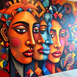 Large-scale oil painting, intricate stylized faces intermingling with geometric shapes, vibrant color palette, seamless canvas coverage, immersive gallery feel, no borders