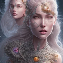 fantasy magic, intricate, sharp focus, illustration, highly detailed, digital painting, concept art, artgerm and paul lewin and kehinde wiley, masterpiece sexy lips with smile Celtic lady body flowers head silver bright rain lady outer space pretty, pink blue