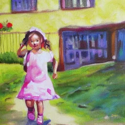 little girl walking out og the house painting