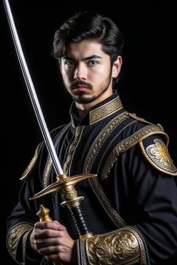 young european black hair adult royal guard swordsman with rapier