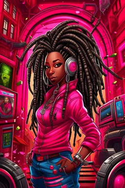 Create a digital airbrush cartoon of a curvy African American female wearing a hot pink jean outfit with timberland boots. Prominent make up with hazel eyes. She is wearing large diamond hoop earrings. Extremely highly detailed very long dread locs hair that shines. Background of a night club.