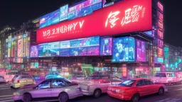 a billboard branded Odk Tokusentai in neon light, in the city center, at night.