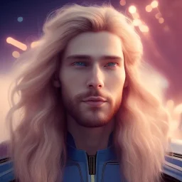 Full body ,Beautiful cosmic man, blue eyes, long blond hair, smiling, cosmic suit, galactic backdrop, soft lighting, hyper realistic, unreal engine 5, 16k