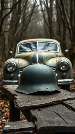 An old car in the background of black vein, human veins, mixing together a lot of them, like a forest, big and small veins a lot of them, an army German helmet from ww2 sitting on an old broken table