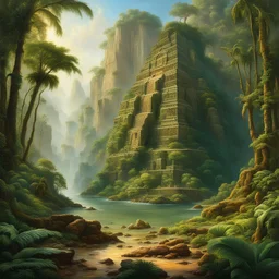 hyperrealistic art Capturing landscapes Art Inspired by Ancient Mayan civilization in the junglelandscape, beautiful colours, sharp textures, nikolay georgiev, alex ross, bruce pennington, donato giancola, larry elmore, masterpiece, oils on canvas, trending on artstation, featured on pixiv, cinematic composition, sharp, details, hyper - detailed, hd, hdr, 4 k, 8 k, Creating art inspired by ancient civilizations, often for historical interpretation, archeological insights, or cultural reverence.,