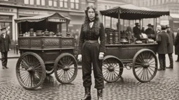 full-length portrait of a pale-faced woman with auburn wavy shoulder-length hair, with metal arms and legs, dressed in leather trousers and jacket, with a blouse, standing beside a steam carriage in a busy market square