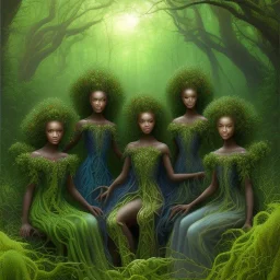 Painting .the faces of 5 young black women. Young women sitting wood nymphs emerging from the forest. THeir hair looks like vines. Dreadlocs. Their skin is the colour of dark soil. their skin looks like tree bark. Their clothing is made of vines, grass and leaves.