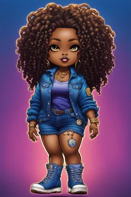 vibrant psychedelic pop punk image, airbrush, 48k, cartoon art image of a plus size chibi dark skinned Black female wearing a sapphire blue jean outfit with timberland boots. Prominent make up with brown eyes. Highly detailed tight curly ombre dread locs