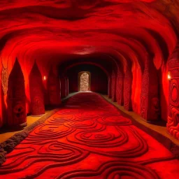 An orangish red underground covered in lava designed in African masks