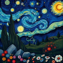 Colourful, peaceful, Egon Schiele, Max Ernst, Vincent Van Gogh, night sky filled with galaxies and stars, rocks, trees, flowers, one-line drawing, sharp focus, 8k, deep 3d field, intricate, ornate