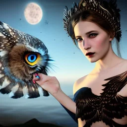 hyper realistic, young russian girl, dark air, blue eyes, with owl and tatoos, dressed in leather, bra with carved leather and metal, Tintoretto ships in background. salvador dalì style. high details, meteor shower. 4k, unreal engine