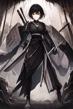 Anime girl with short black hair and sharp green eyes, holding a pike, full body black and white metal plate armour, full body shot, Dramatic lighting,1woman, soaked in blood, Warrior, standing pose, sword at the waist, close shot, lean body,