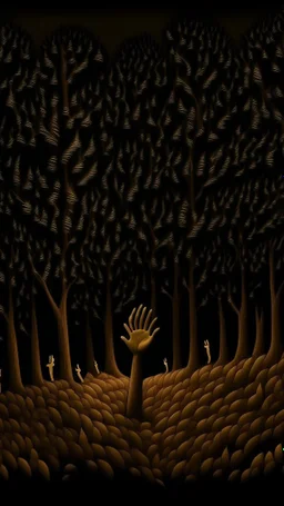 In the woods of hands at night, a of a tree shape, brown skin, night, night, tall, thin field of thousands of hands standing migrating