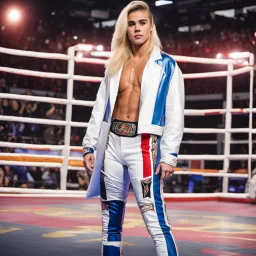 Female Justin Bieber as Shallotte Flair in wrestling ring full body