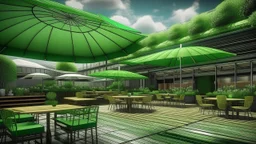 there is a picture of a restaurant with tables and umbrellas, solarpunk cantine, conceptual rendering, architectural rendering, photographic render, architectural render, artist impression, architecture render, artist's impression, artists impression, green terrace, photo render, artistic render, by Richard Carline, architectural visualisation, drawn with photoshop, post processed denoised, digital rendering