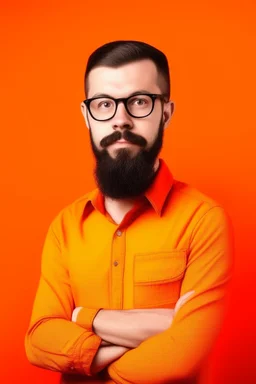 high quality photography 30 year old handsome developer man, front view, flat single color orange background