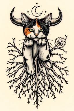 Design feminine tattoo: The centerpiece of the tattoo is a calico cat. From the paws, deep roots twist into the ground, sprawling outwards. The roots look as though they're entangled with the earth itself, symbolizing Taurus' deep connection to the planet. as a backdrop, include elements of gears A crescent moon or starry sky above the bull