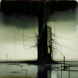 A dark concrete brutalist structure with exposed wires like roots in a desolate wet melancholy landscape. By justin mortimer and ashley wood art abstract. Simplify the blocks of colour. Like an abstract painting