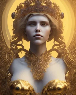 upper bust portrait, the queen of uncanny valley, large doll-like eyes, corset, intricate metal work crown, multiple sets of eyes on face, 8k resolution concept art, dynamic lighting, intricately detailed, hyperdetailed, beautiful, ethereal, golden hour, (extra eyes), gothic, creepy, unsettling, disfigured