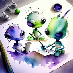 create some aliens doing daily task work, watercolour painting