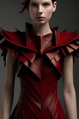 Dark red leather dress, off the shoulder, sleeveless, with pleats inspired by fractals in geometry.