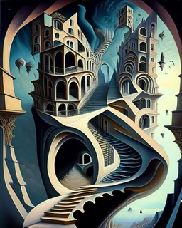 A captivating, surrealist painting of a gravity-defying, Escher-inspired building with multiple perspectives, impossible staircases, and fantastical elements that defy the laws of physics, set within a dream-like landscape.