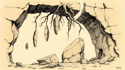 Arcos monumentales rotos en segmentos que flotan a distintas alturas, raíces antiguas envolviendo piezas de piedra suspendidas, un viajero solitario caminando entre los fragmentos, técnica de ilustración arqueológica con tinta sepia y toques de color mineral.