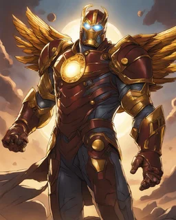 An armor made of a mixture of steel and leather, worn by a strong commander with magical power infinity gauntlet has six infinity stones And two big wings on his back