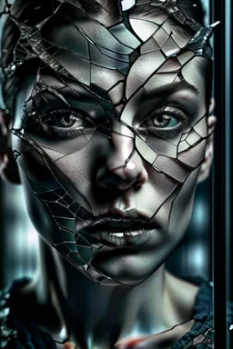 Close-up shot. A cracked pale face deep gaze dark makeup and lips figure through looking a fractured cracked glass pane, revealing glimpses of a surreal hightech cityscape. Hyperrealistic, sharp focus, intricate details, surreal style by Dali, Bosch, Kandinsky, beautifully shot. High contrast, cinematic, dark gloomy, atmospheric, moody. 64 megapixels, perfect compositi