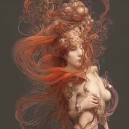 character render a goddess of fire, intricate, flowy, volcanic ash, lava as hair, smoke, intangiable, close-up, centered, Character concept by yoshitaka amano, herbert arnould olivier, alphonse mucha, Akihiko Yoshida, Hyung-tae Kim, alexander mcqueen. trending on Artstation