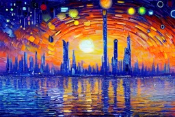 Futuristic city, exoplanet in the horizon, impressionism oil painting, realistic photography vision