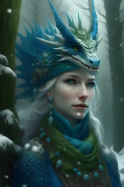 Portrait of Dragon Queen, wearing a green-blue dragon crown, decorated with crystals in mystery snowy forest, realistic details