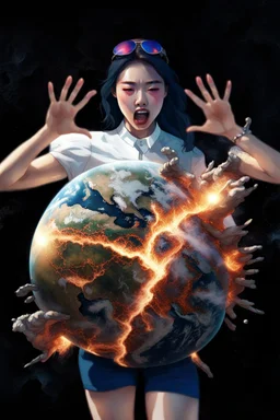 An image of a young Korean woman with a surprised expression, holding her hands up as if she is reacting to a catastrophic event in front of her. She is wearing a white blouse with detail, blue shorts, and sunglasses pushed up onto her head. In front of her, there is a highly detailed planet resembling Earth, dramatically cracking and breaking apart with fiery explosions and molten lava visible at the fractures. Debris is flying outward from the planet. The background is stars/space