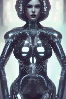 cyberpunk, black latex body, women, body portrai, big boobs, highlight eyes perfect, skin, tron, cyborg, perfekt sexy, real, dream, hr giger